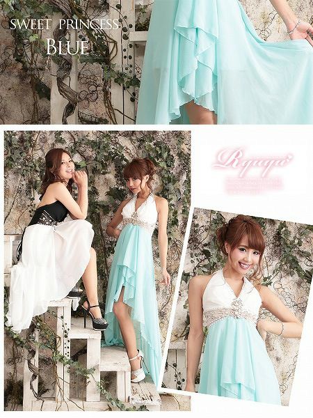 ビビッドカラーで悩殺Elegant 【Ryuyu】【リューユ】 配色ホルター脚魅せテールカットシフォンロングドレス-blue