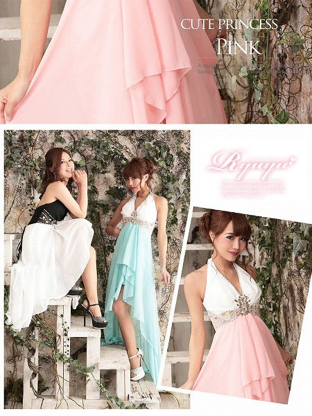 ビビッドカラーで悩殺Elegant 【Ryuyu】【リューユ】 配色ホルター脚魅せテールカットシフォンロングドレス-pink