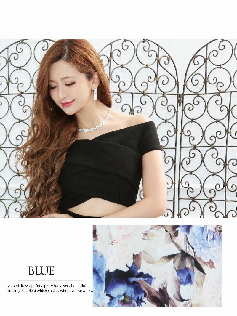 華麗!お腹見せアンティークflowerオフショルミニドレス 丸山慧子 着用キャバドレス【Ryuyu】【リューユ】フレアー花柄キャバクラドレス