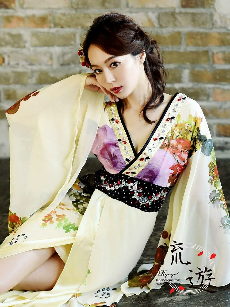 花魁ドレス!和柄シフォン振袖着物ドレス花魁キャバクラロングドレス 黄 