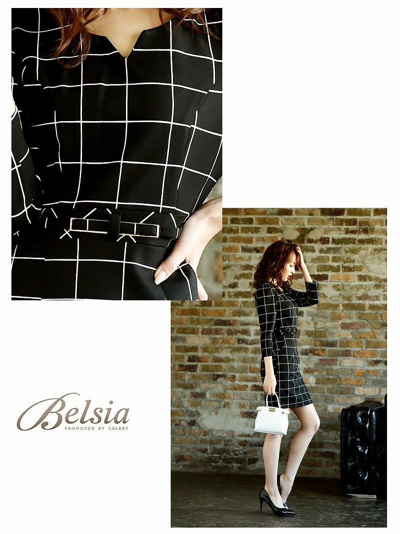 【Belsia】昼夜OK! 格子チェック柄袖付きキャバワンピース 七分袖膝丈ワンピース【ベルシア】