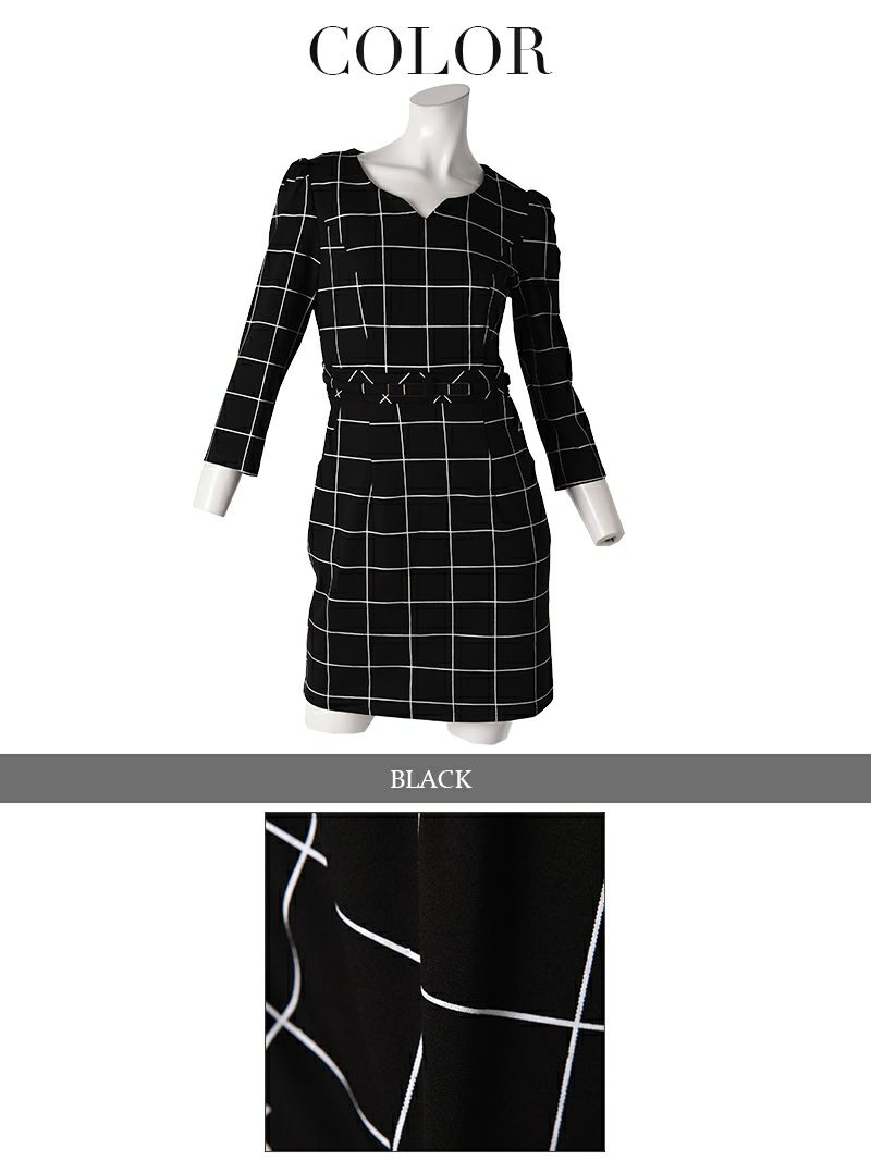 【Belsia】昼夜OK! 格子チェック柄袖付きキャバワンピース 七分袖膝丈ワンピース【ベルシア】