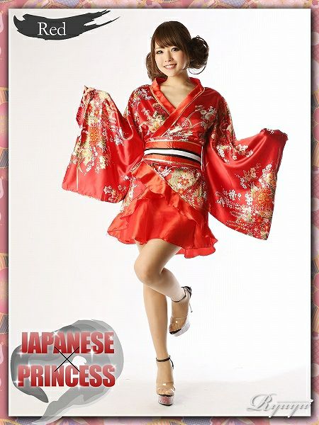【流遊】 着物ミニドレス*和柄なでしこな裾ティアード乙女ワンタッチ着物ミニ-red