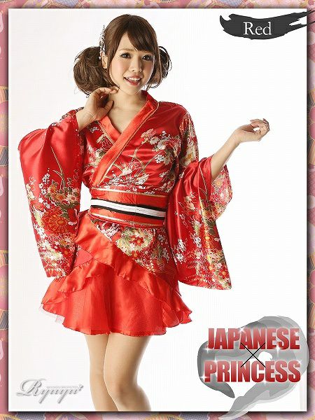 【流遊】 着物ミニドレス*和柄なでしこな裾ティアード乙女ワンタッチ着物ミニ-red