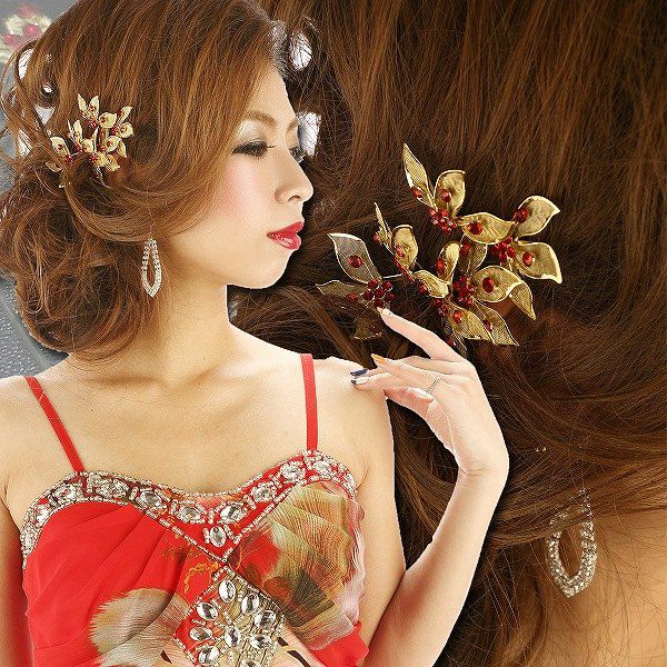 和装*和柄着物ドレスに♪Goldで煌めく真紅ビジューヘアーアクセ6本set