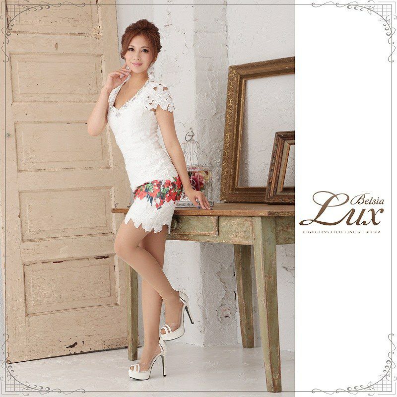 【BELSIA LUX】上質Rich大判flower柄クロシェレース袖付ミニドレス/タイトキャバドレス-white