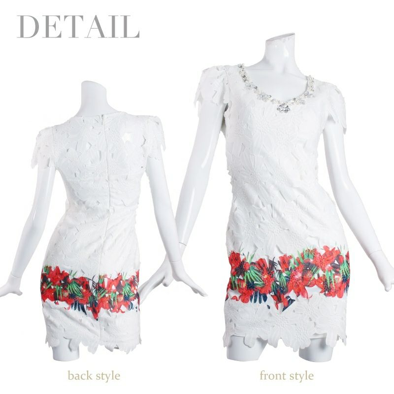 【BELSIA LUX】上質Rich大判flower柄クロシェレース袖付ミニドレス/タイトキャバドレス-white