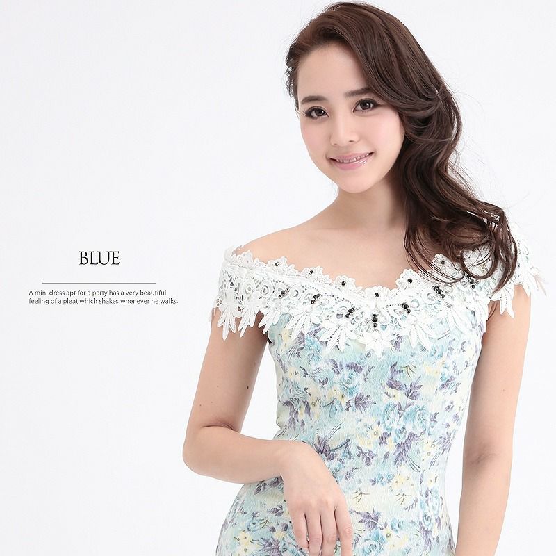 【BELSIA LUX】ペイズリー花柄オフショルキャバドレス ryuyu ベルシアリュクス ストレッチ花柄ミニドレス