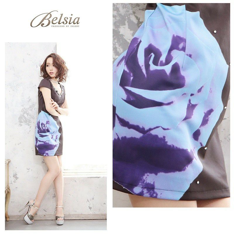 【BELSIA】ゴシックRose薔薇柄キャバドレス ベルシア ryuyu 妖艶花柄袖付タイトミニドレス
