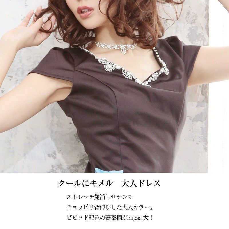 【BELSIA】ゴシックRose薔薇柄キャバドレス ベルシア ryuyu 妖艶花柄袖付タイトミニドレス
