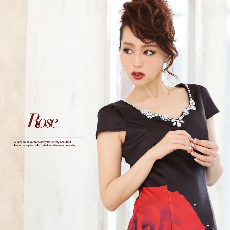 【BELSIA】ゴシックRose薔薇柄キャバドレス ベルシア ryuyu 妖艶花柄袖付タイトミニドレス