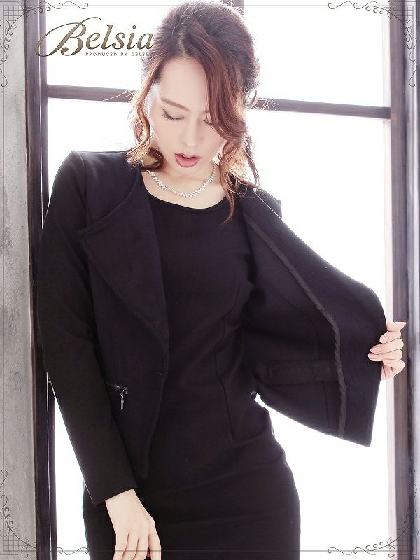 【BELSIA】フェイクレイヤード大人ワンピスーツ　袖付coolワンピース ベルシア ryuyu 切替ベロアジャケット風長袖キャバワンピ