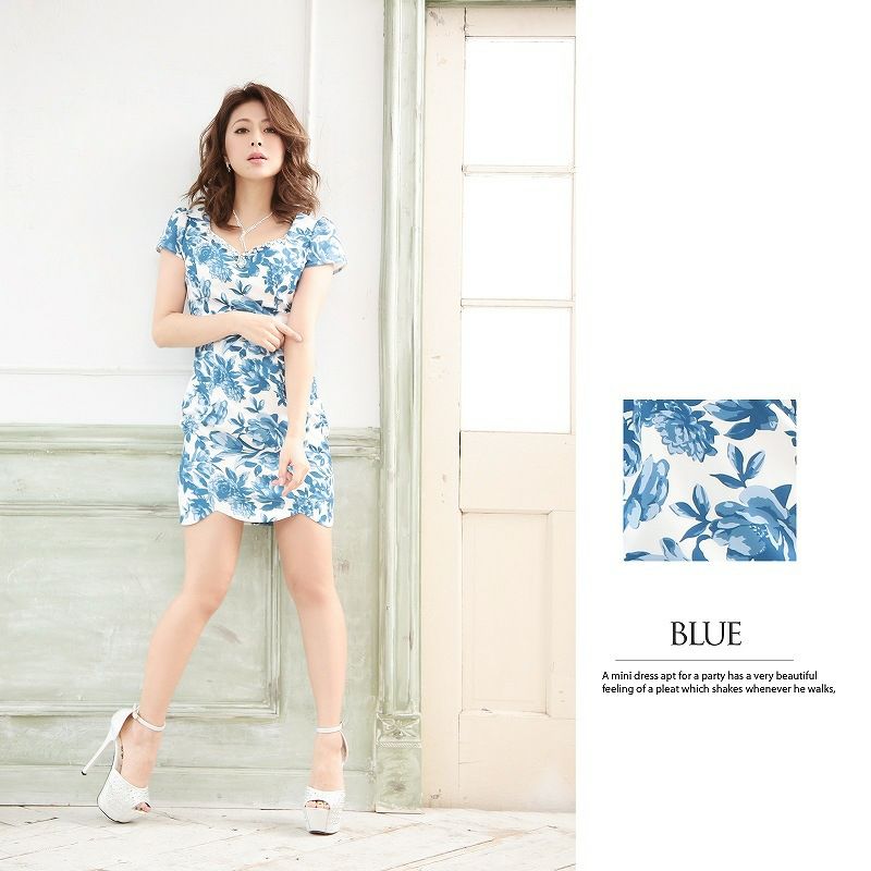 【BELSIA】爽花柄上質キャバタイトミニドレス ベルシア ryuyu 袖付ストレッチキャバドレス