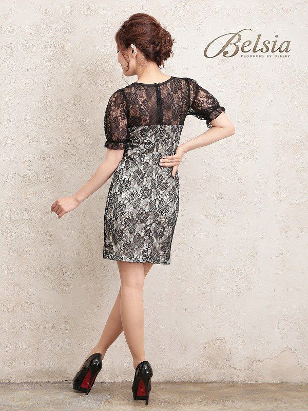 【BELSIA】パフ袖付きミニドレス*フロッキーレースで高貴感!フォーマルドレスにも◎