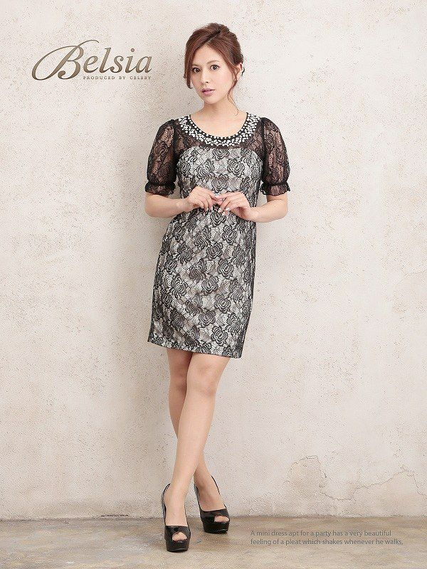 【BELSIA】パフ袖付きミニドレス*フロッキーレースで高貴感!フォーマルドレスにも◎