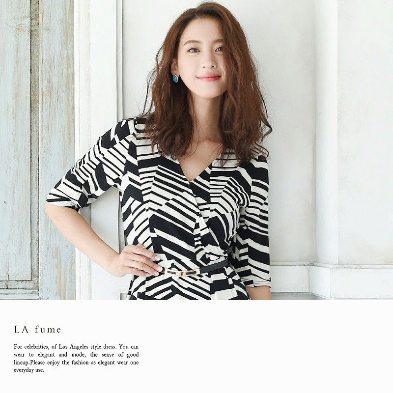 【LAfume】【S M L LL完備】7号 13号!大人ジオメトリック柄カシュクール五分袖ワンピース ryuyu リューユ 大人セレブ膝丈ワンピース ベルト付 ラフューム