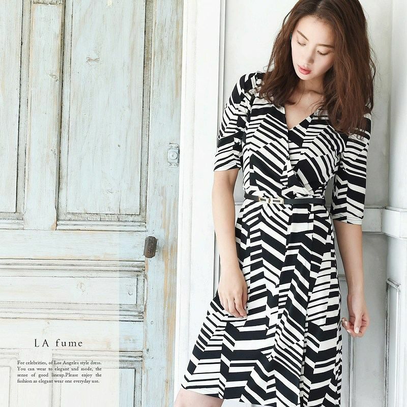【LAfume】【S M L LL完備】7号 13号!大人ジオメトリック柄カシュクール五分袖ワンピース ryuyu リューユ 大人セレブ膝丈ワンピース ベルト付 ラフューム