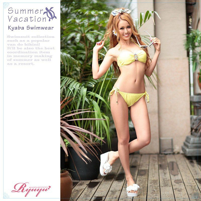 ドロップビジューブローチ付!Sexyバンドゥビキニ黄色/2点セット/キャバ水着(L/M/S)(イエロー)