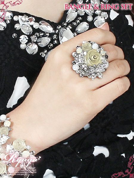 キャバアクセ*フラワーローズとオパール宝石ビジューブレスレット/リング2点set
