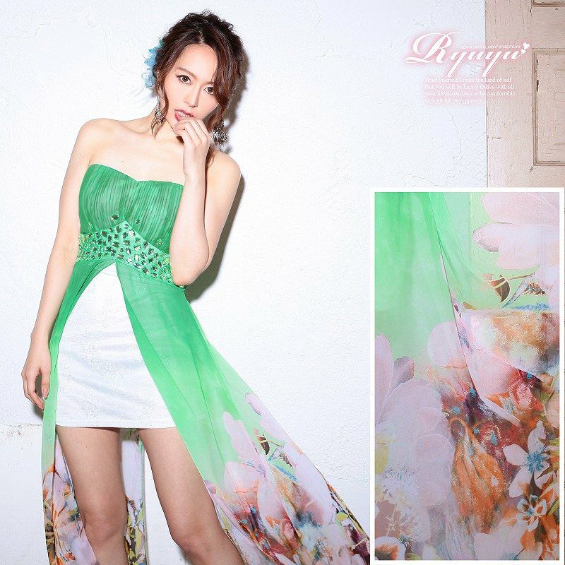 【流遊】 和花柄ミニinシフォンロングドレス ryuyu リューユ 癒レース前ミニ華和柄キャバロングドレス