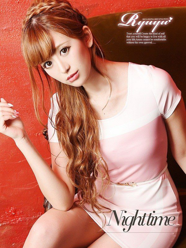 パステルLady!パネル柄袖付キャバワンピース 丸山慧子 着用キャバワンピース【Ryuyu】【リューユ】デイリーokワンピース ベルト付