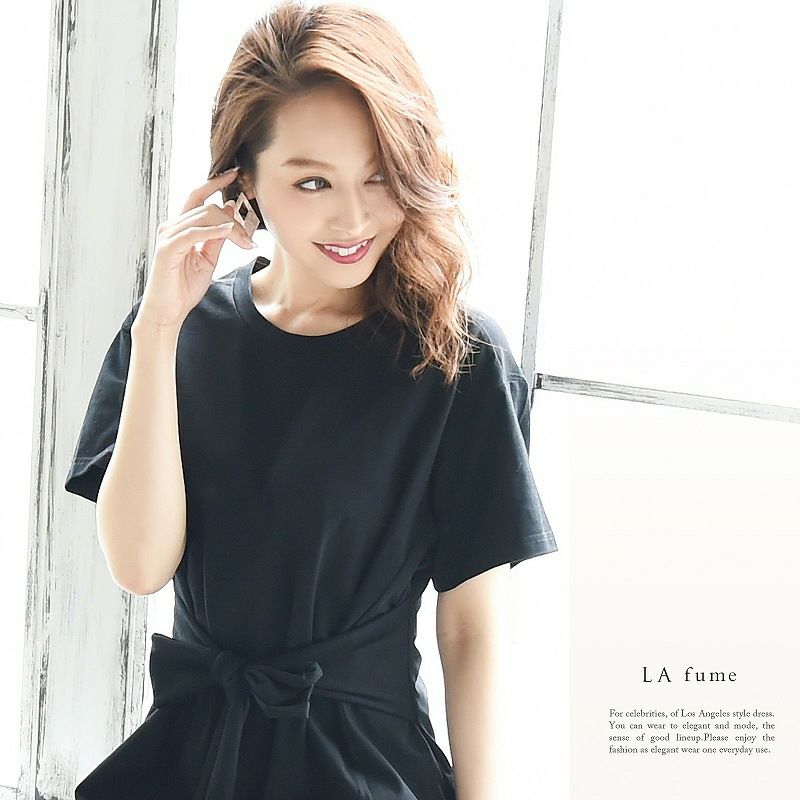 【LAfume】リラックス前結びゆったりTシャツキャバワンピース ビッグTシャツ カジュアル○ 袖付膝丈ワンピース　【ラフューム】