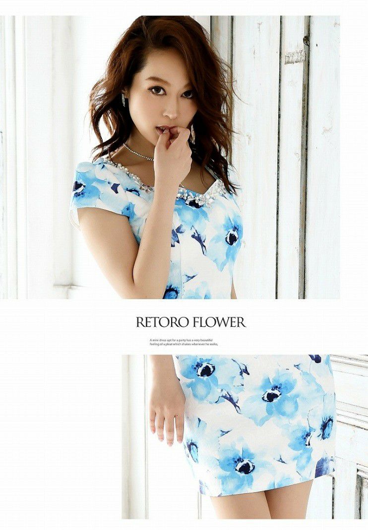 【BelsiaLux】上質!水彩花柄袖付ミニドレス 花柄キャバクラドレス【ベルシアリュクス】