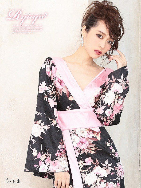 【流遊】 ふんわり癒し桜和華柄ロング着物ドレス ryuyu リューユ キャバクラ 花魁サテン ロングドレス
