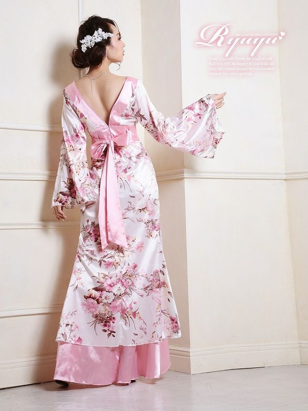 【流遊】 ふんわり癒し桜和華柄ロング着物ドレス ryuyu リューユ キャバクラ 花魁サテン ロングドレス