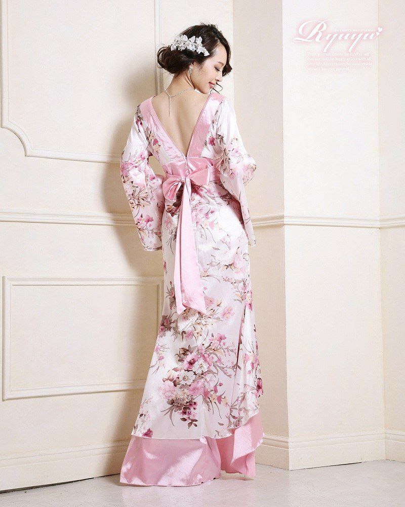【流遊】 ふんわり癒し桜和華柄ロング着物ドレス ryuyu リューユ キャバクラ 花魁サテン ロングドレス
