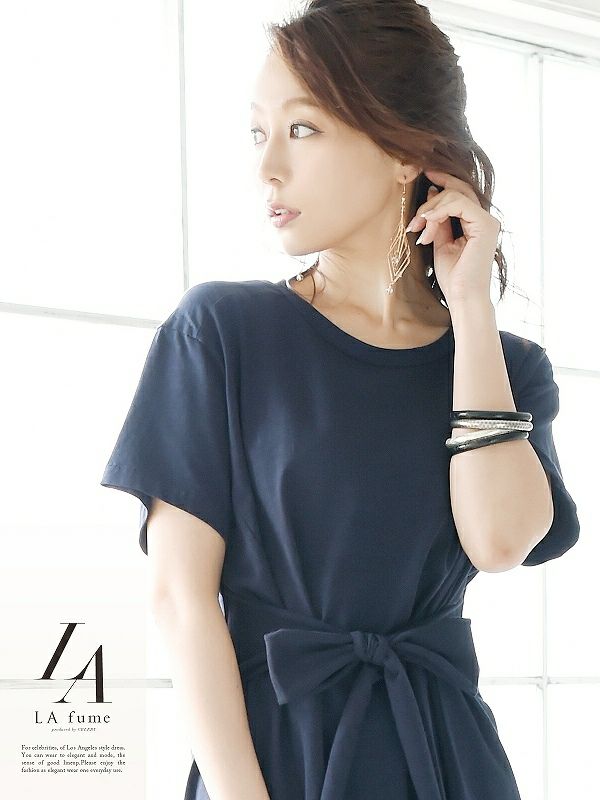 【LAfume】リラックス前結びゆったりTシャツキャバワンピース ビッグTシャツ カジュアル○ 袖付膝丈ワンピース