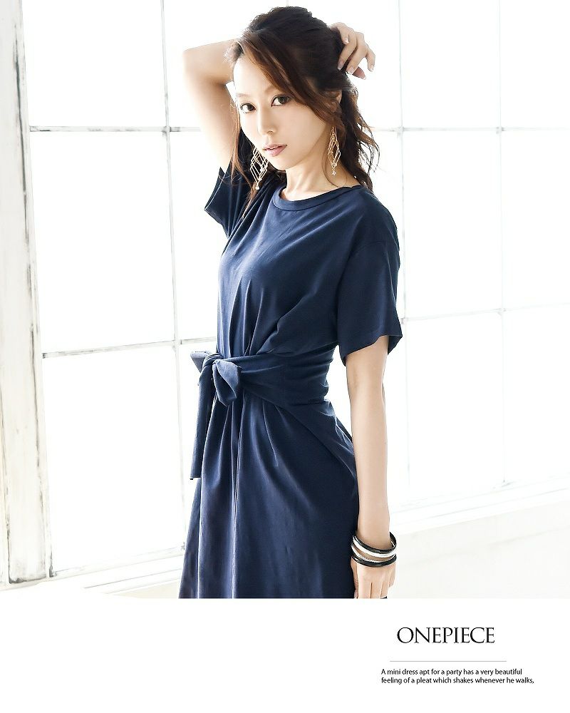 【LAfume】リラックス前結びゆったりTシャツキャバワンピース ビッグTシャツ カジュアル○ 袖付膝丈ワンピース