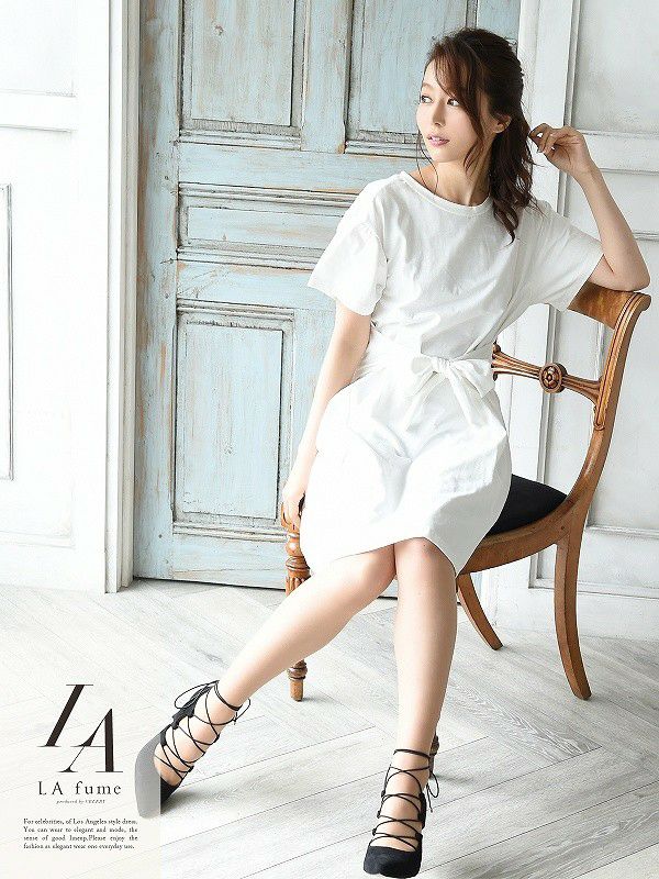 【LAfume】リラックス前結びゆったりTシャツキャバワンピース ビッグTシャツ カジュアル○ 袖付膝丈ワンピース