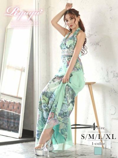 ホルターネックシアー花柄ロングドレス【Ryuyu】(S/M/L/XL)(グリーン)