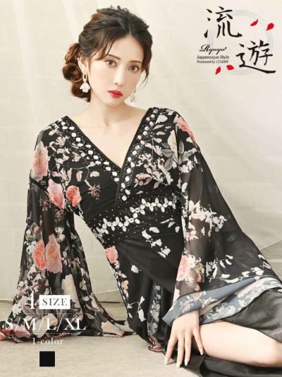 ブラック×花柄シフォン袖付き和柄ドレス 加賀美早紀 着用キャバドレス【流遊】(S/M/L/XL)(ブラック)