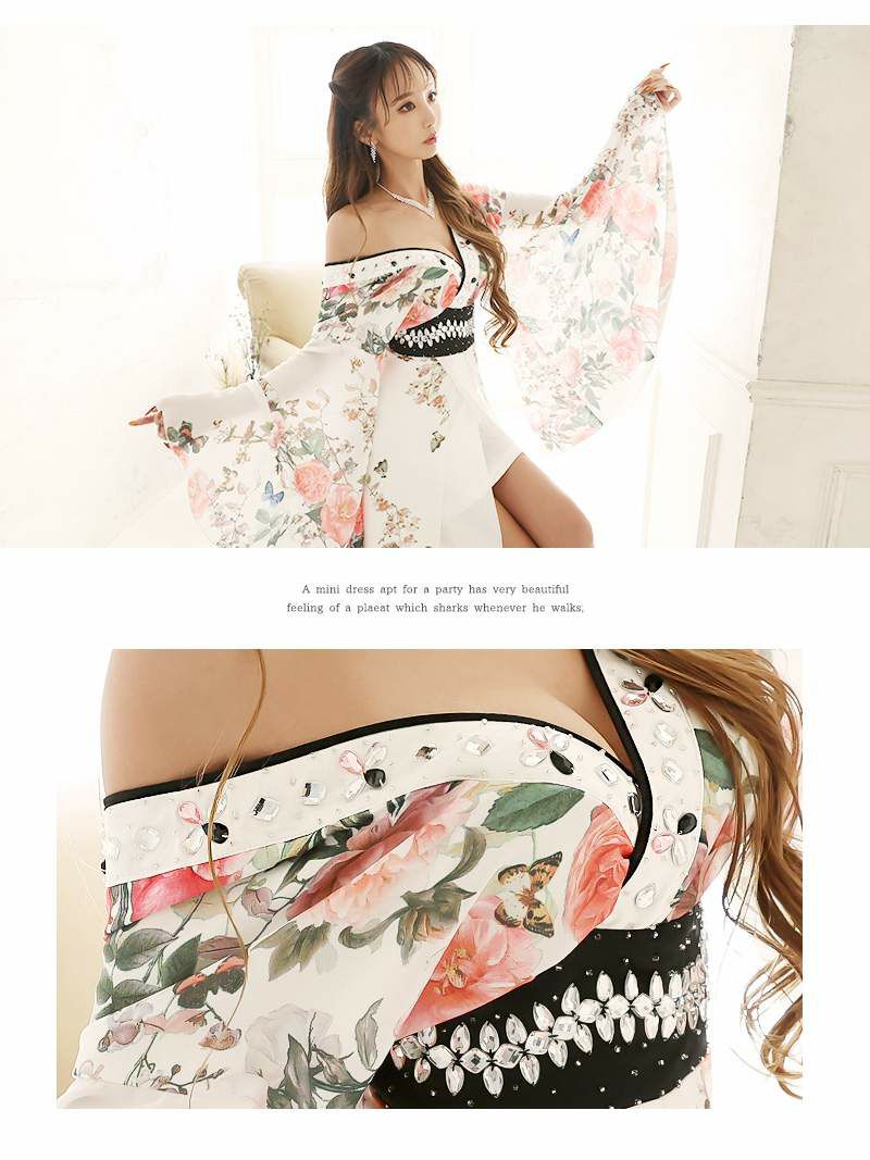花魁シフォン着物ドレス 尾崎紗代子 着用キャバドレス【流遊/りゅうゆう】(S/M/L/XL/XXL)(ホワイト)