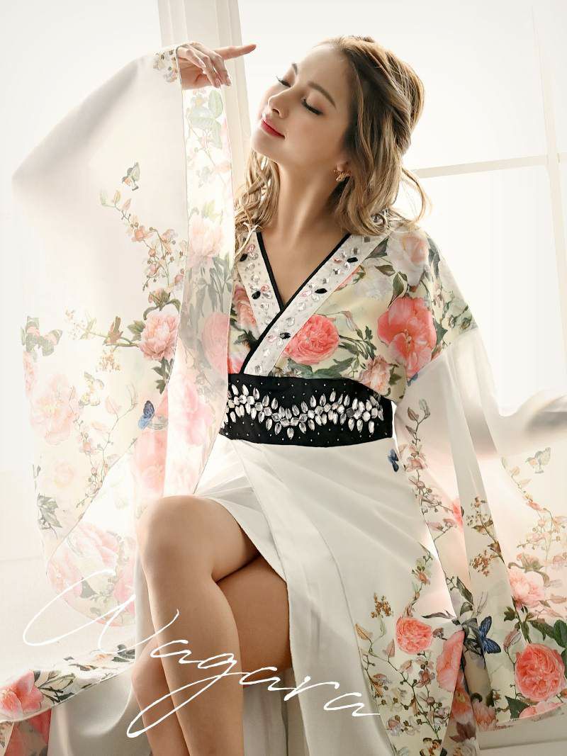 花魁シフォン白色和柄ドレス ゆきぽよ 着用 着物ドレス【流遊/りゅうゆう】