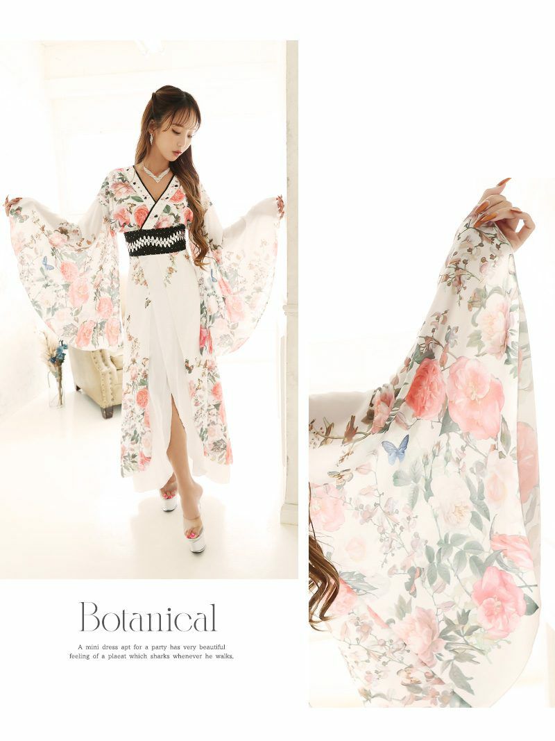 新春初売りSALE￥14080→￥12672！ 花魁シフォン白色和柄ドレス 武田静