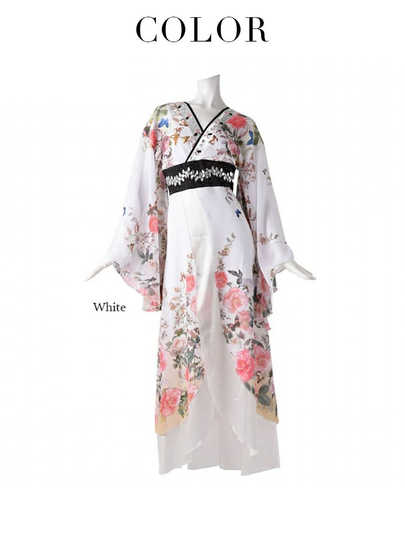 花魁シフォン白色和柄ドレス ゆきぽよ 着用 着物ドレス【流遊/りゅうゆう】