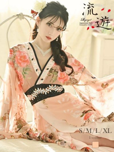 豪華ビジューシェルピンク花魁和柄ドレス 加賀美早紀 着用キャバクラドレス【流遊】(S/M/L/XL)(ピンク)