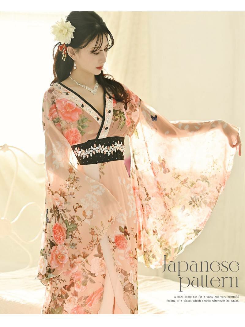 ピンク花柄シフォン和柄ドレス 尾崎紗代子 着用キャバクラドレス【流遊/りゅうゆう】