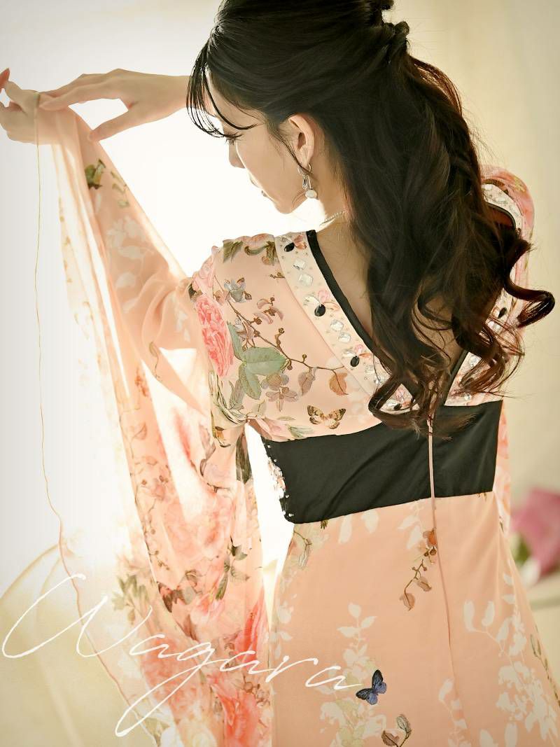 ピンク花柄シフォン和柄ドレス 尾崎紗代子 着用キャバクラドレス【流遊/りゅうゆう】