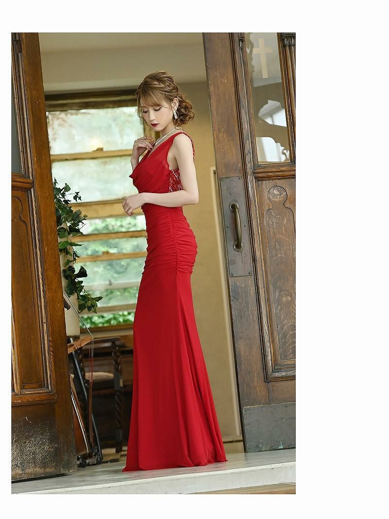 【Belsia】大きいサイズ完備!! 極上セレブ!ドレープメッシュタイトロングドレス 加賀美早紀 着用ドレス 大胆V字カットで極上美背 煌スパンドレープマーメイドロングキャバドレス【ベルシア】