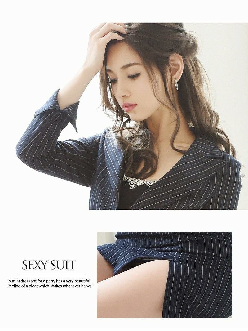 【BelsiaLux】美脚sexy！ストライプ柄スリット入りミニ丈キャバスーツ 2ｐタイトキャバクラスーツ【ベルシアリュクス】