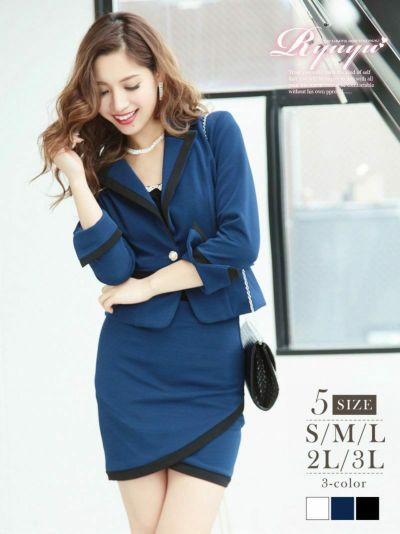 大人sexyコルクライン七分袖キャバクラスーツ【Ryuyu】(S/M/L/2L/3L)(ブラック/ホワイト/ネイビー)