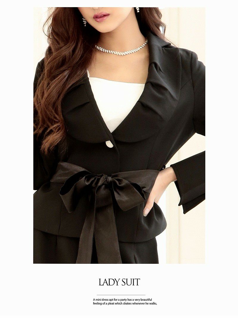結婚式・お呼ばれに！キャバ スーツ コンパニオン 制服 フェミニンサテンリボン付ボリュームカラー七分袖キャバスーツ