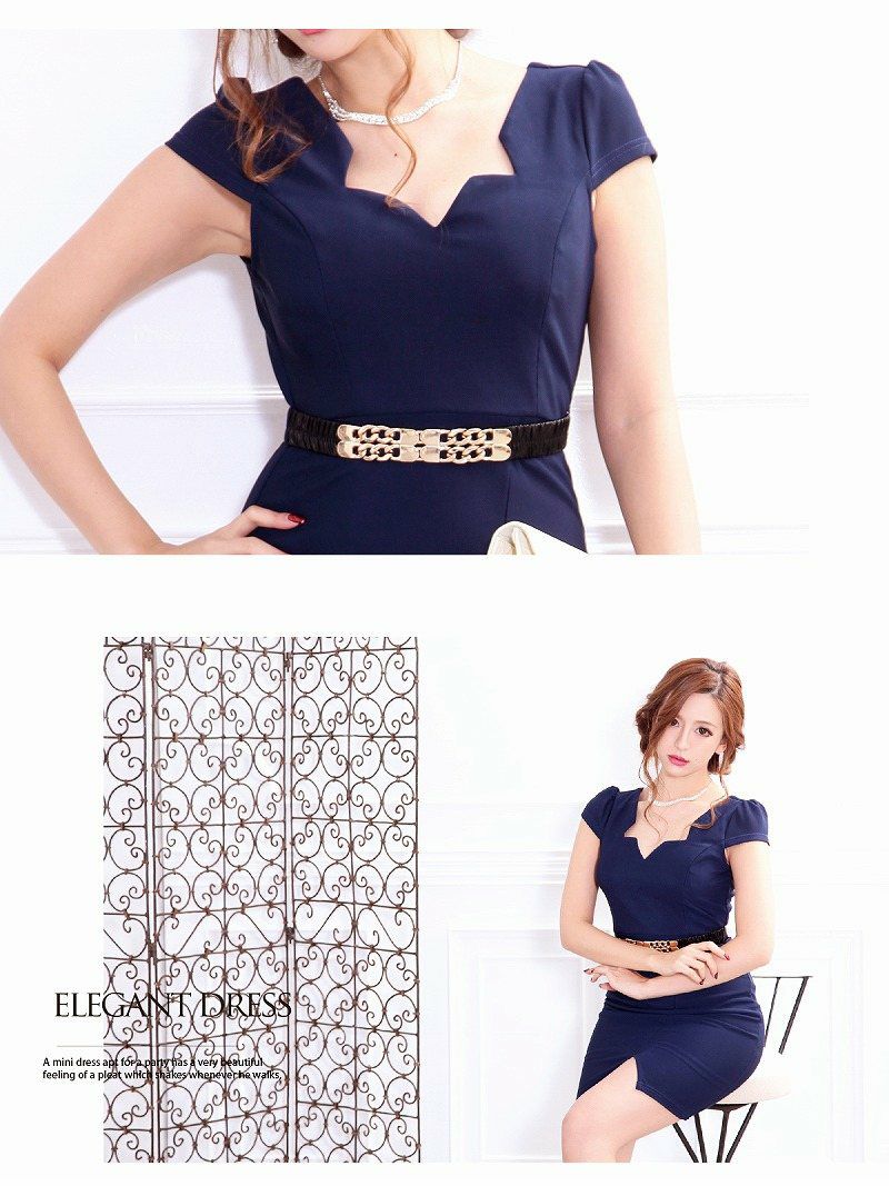 S/L/XLサイズ追加!! elegant!ベルト付きネイビーミニドレス 丸山慧子 着用キャバドレス【Ryuyu】【リューユ】袖付きタイトキャバドレス
