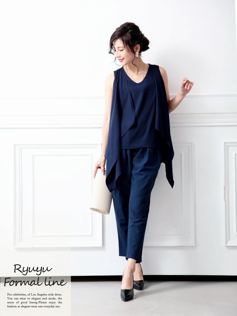 glamorousパンツstyle! 2wayフェイクレイヤードパーティードレスOEO 2pセットアップパンツドレス 結婚式やお呼ばれドレスにも◎【Ryuyu/リューユ】(M/L)(ベージュ×ブラック/ネイビー)