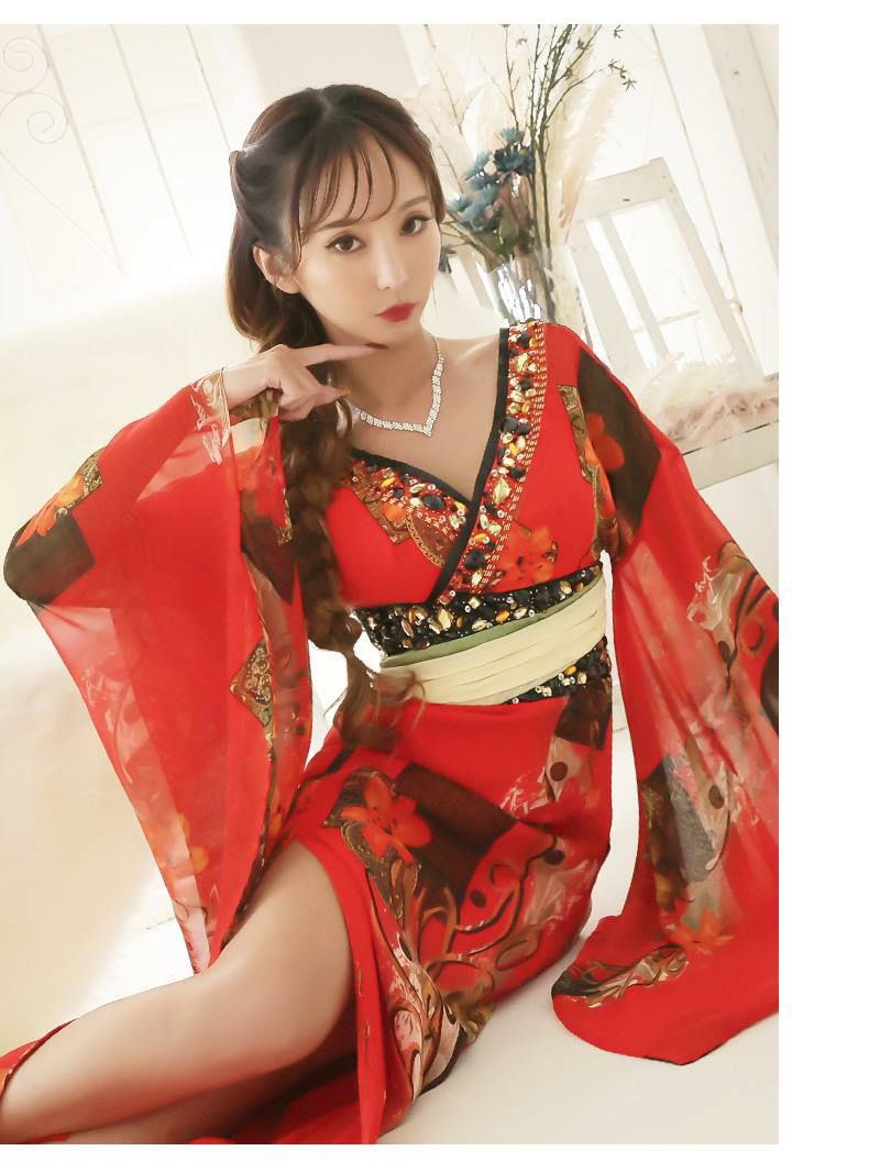 妖艶赤色百合柄シフォン和柄ドレス ゆきぽよ 着用 花魁ドレス【流遊/りゅうゆう】