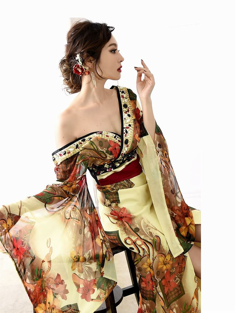 【流遊】大きいサイズ完備!!モダン百合柄シフォン着物ドレス【Ryuyu】【リューユ】キャバクラ花魁ロングドレス